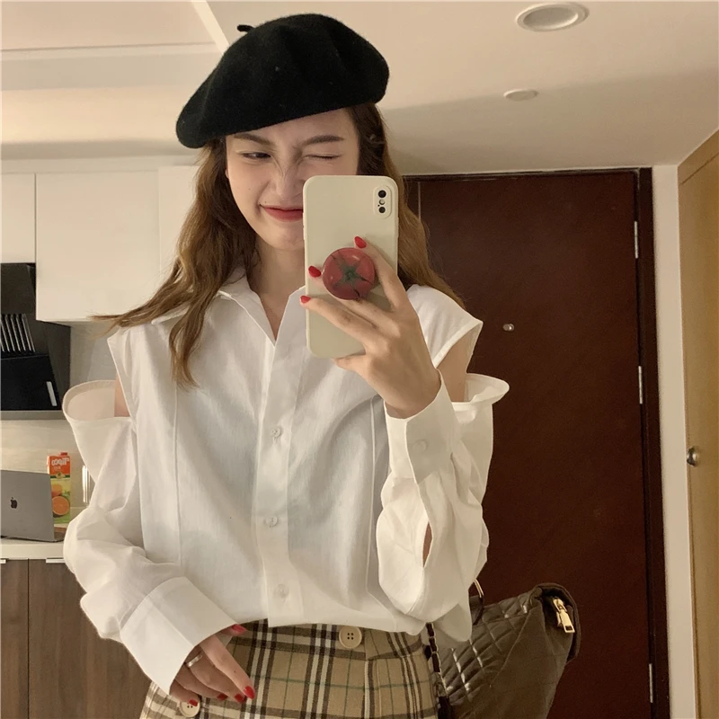 New Arrival Spring/autumn Women Loose Turn-down Collar Long Sleeve Blouse Hollow Out Cotton Single Breasted Casual Shirts V93