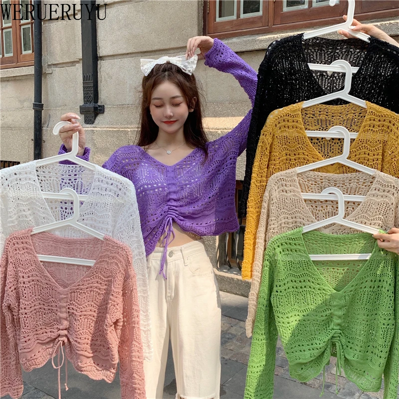 

WERUERUYU 7 Colors Long Sleeve Hollow Out Sweater Women Thin Slim Tops Wild Korean Chic Sweet Candy Color Knit