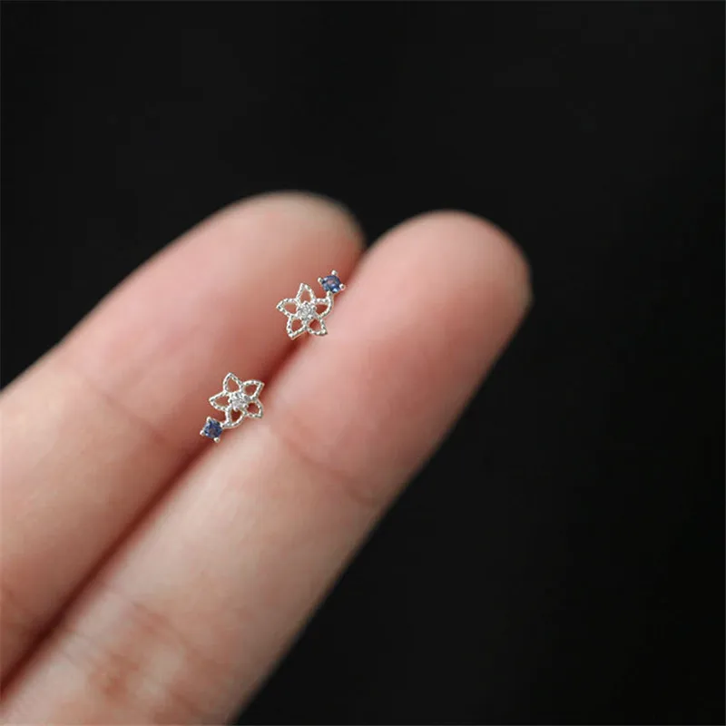 MOVESKI 925 Sterling Silver Blue Flower Small Zircon Cute Earrings Women Wedding Engagement Statement Jewelry Gifts