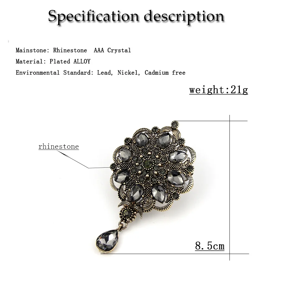 Sunspicems Vintage Indain Bohemia Gray Crystal Brooch Pendant For Women Morocco Algeria Flower Banquet Wedding Jewelry Gift