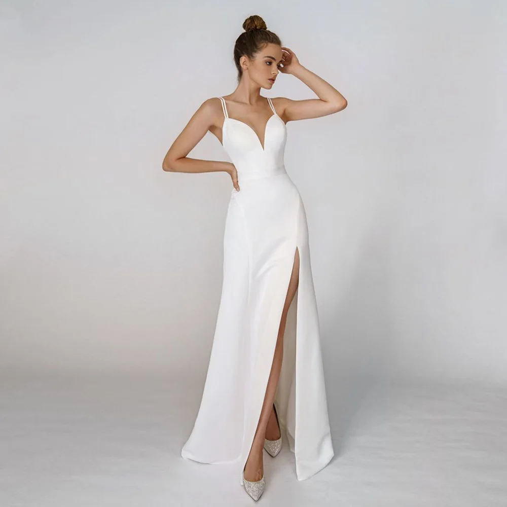 Sexy cetim sereia vestido de casamento lado fenda tiras finas sem costas simples simples simples vestido de noiva mariage vestidos de noiva