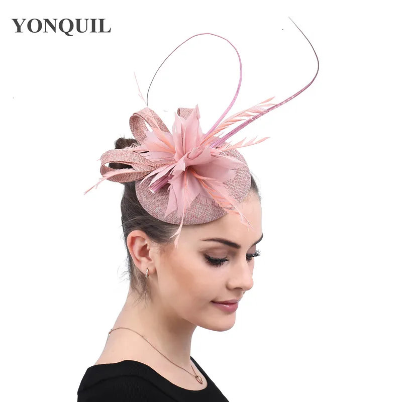 Imitation Sinamay Wedding Women Headpiece Headband Fancy Feather Flower Fascinator Hats Hair Clip Bride Marry Fedora Cap