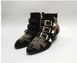 Cowgirl Susanna Studded Leather Ankle Boots Women Round Toe Rivet Flower Martin Boots Women Luxury Boots Bottes Femme