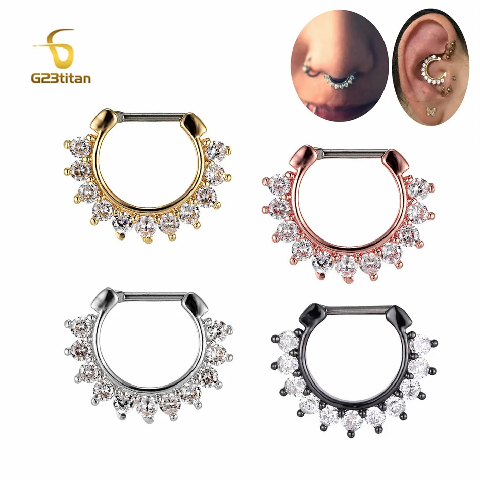 Big G23 Titanium Clicker Hoop with CZ Crystals Hypoallergenic Septum Nose Ring Helix Daith Earring Elegant Women Body Jewelry