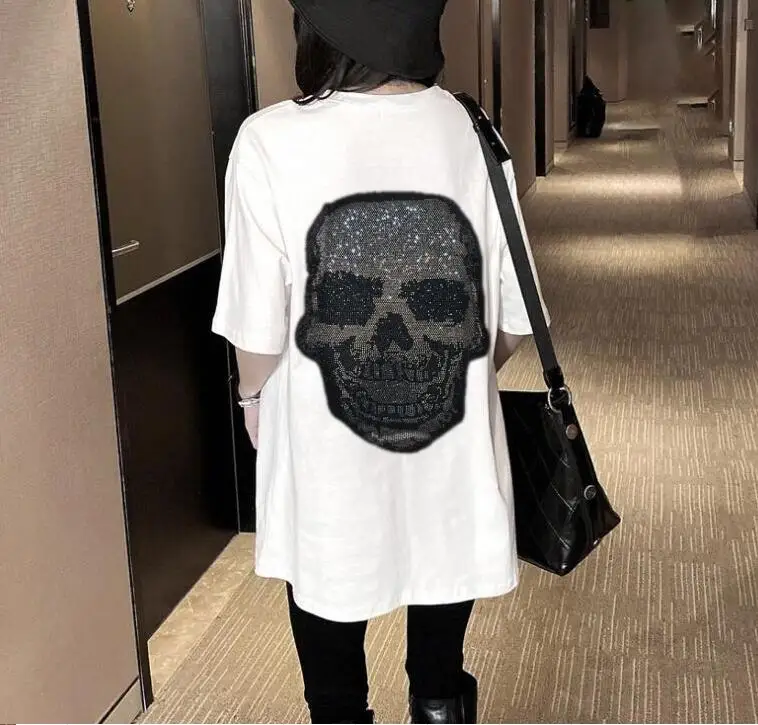 Skull t-shirt women\'s fashion brand 2020 summer European style heavy industry hot stamping top loose design short sleeve girls t