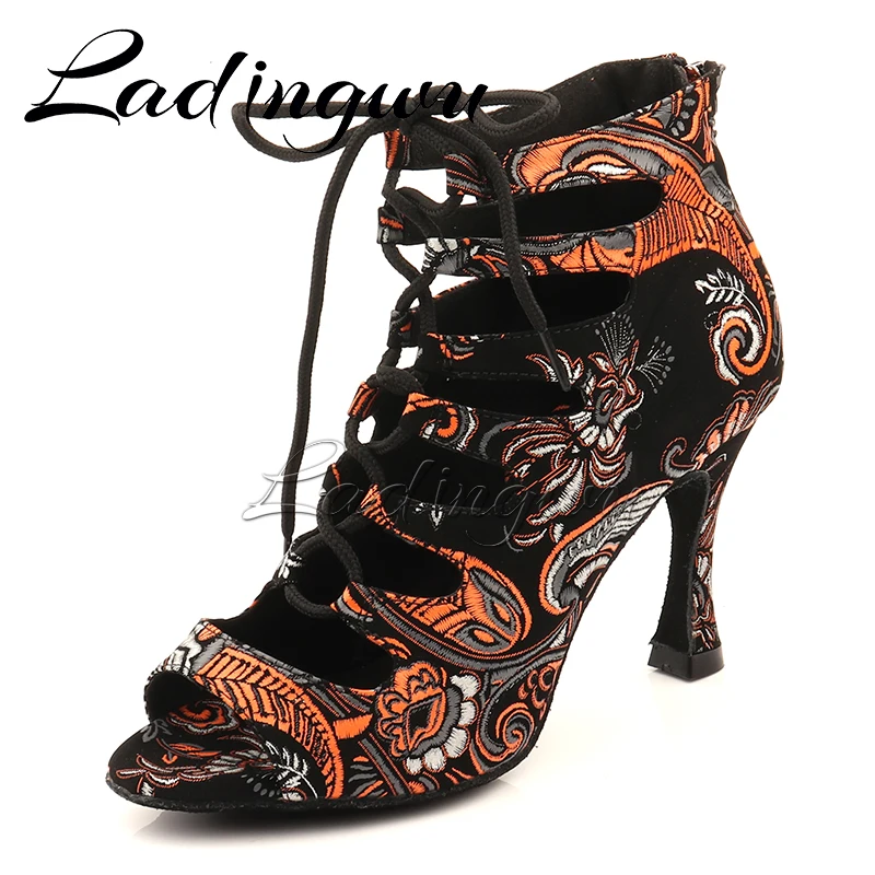 Ladingwu New Style Latin Dance Shoes Rumba Tango Dance Boots Salsa National Standard Dance Shoes Embroidery Chinoiserie Pattern