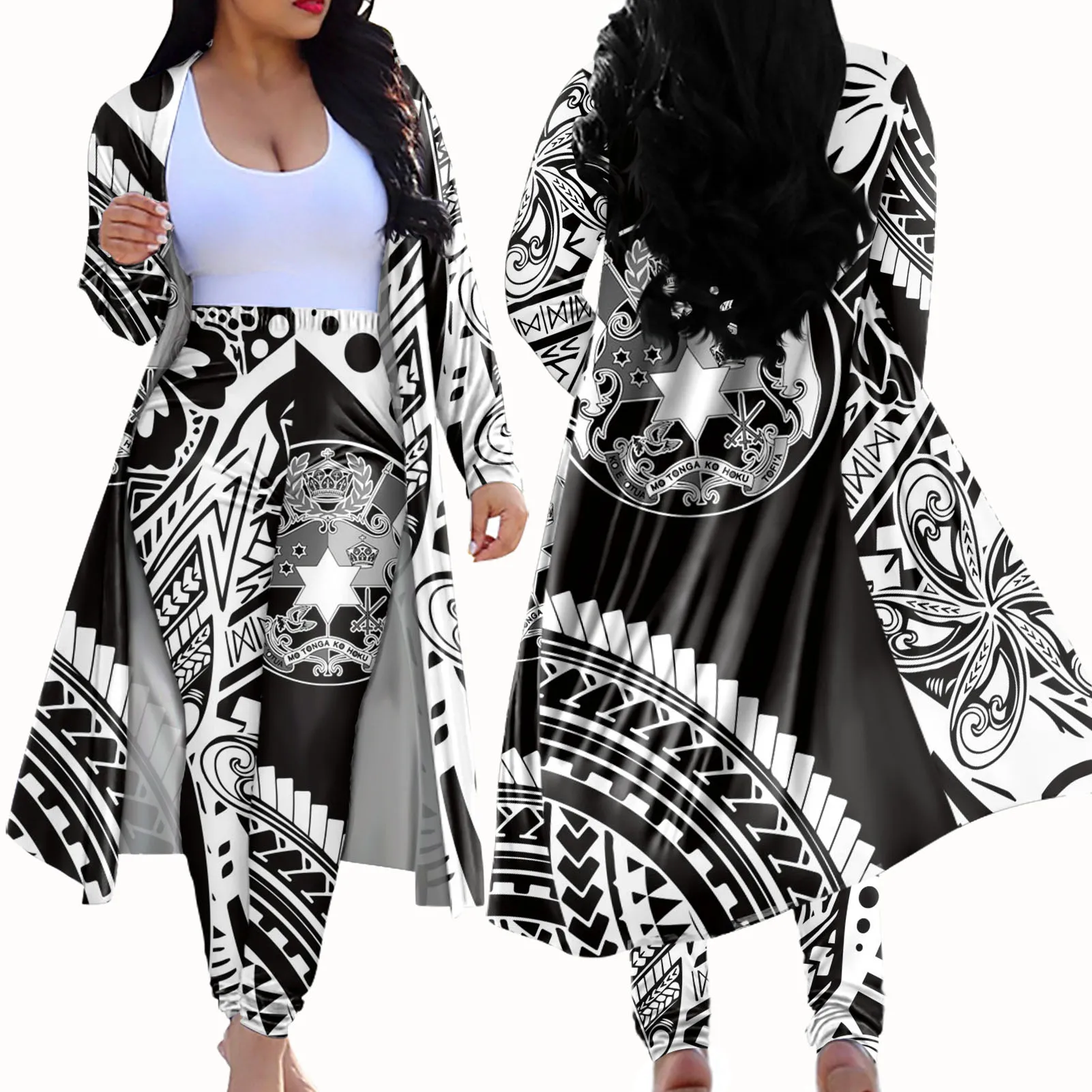 Wholesale Polynesian Tattoo Kimono Jacket Tonga Tribal Tatau Tracksuit Matching Cardigan Set Custom Long Pant Cardigan