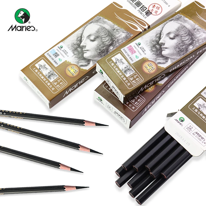 Marie\'s C7300 Professional Sketch Charcoal/Carbon Pencil 12pcs Soft/Medium/Hard/Extra-soft Charcoal Pens Painting Art Supplies