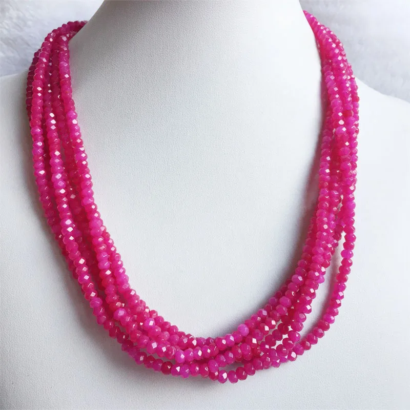 42+5CM 3*4MM Faceted Plum Rose Red Ruby Jade Necklace for Women Natural Stone Bead Choker Collares Abacus Gift Jewelry