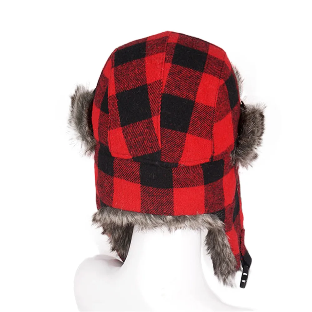 Winter Hats for Mens Bomber Hat Fur Red Warm Earflap Cap Windproof Women Thicker Plaid Russian Ushanka Lei Feng Hat Ski Snow Cap