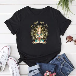 Camiseta informal Harajuku para mujer, ropa holgada con estampado de letras, cuello redondo, manga corta, para casa, Yoga, 2021