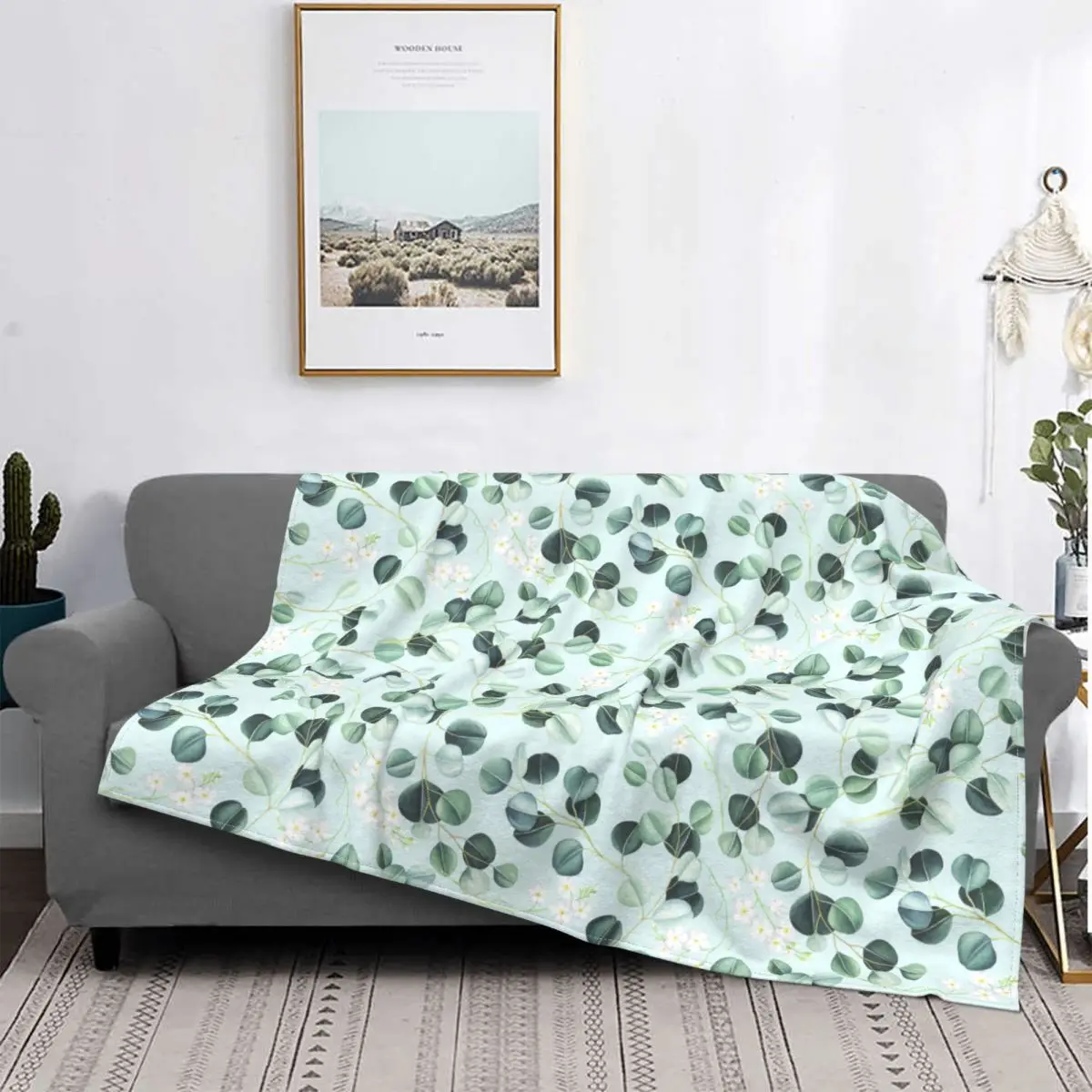 

With Eucalyptus Leaves And Little White Flowers Blankets Fleece Decoration Throw Blankets for Bedding Bedroom Plush Thin Quilt