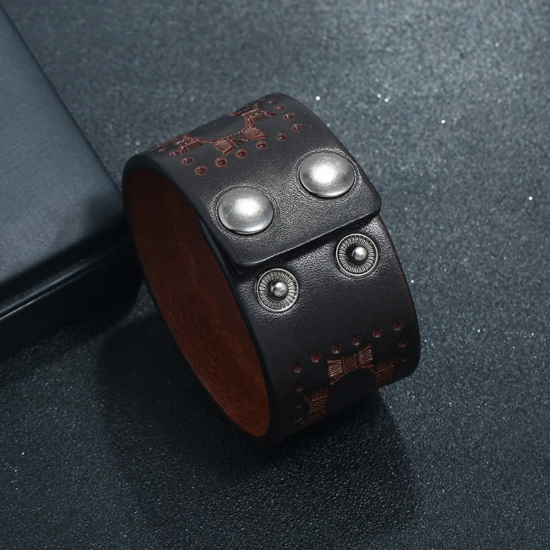 Retro Brown Wide Cowhide Bracelet Punk Style Genuine Leather Bangles Women Men Ethnic Wristband 2023 Fashion Jewelry