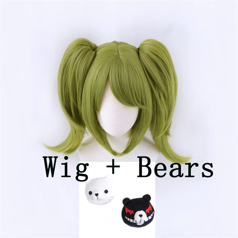 Game Danganronpa Cosplay Monaka Monaca Towa Wig Dangan Ronpa Green Clip Ponytails Heat Resistant Hair + Bear Headwear + Wig  Cap