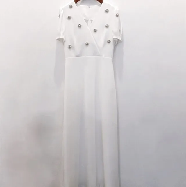 SMTHMA 2022 New Fashion Chic Summer New Women Casual Retro Bead Dress Female Vintage Elegant white Long Dresses Vestidos