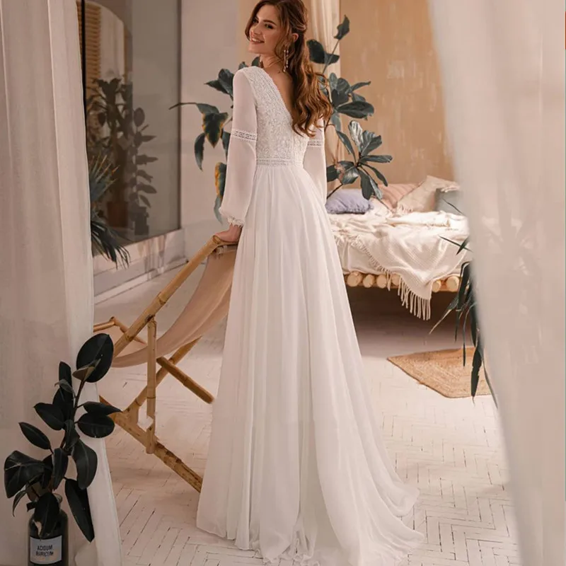 Robe de mariée en mousseline de soie à col en V transparent Boho, manches longues lanterne, appliques en dentelle, plis, robe de mariée simple A-ligne, dos nu, longueur au sol