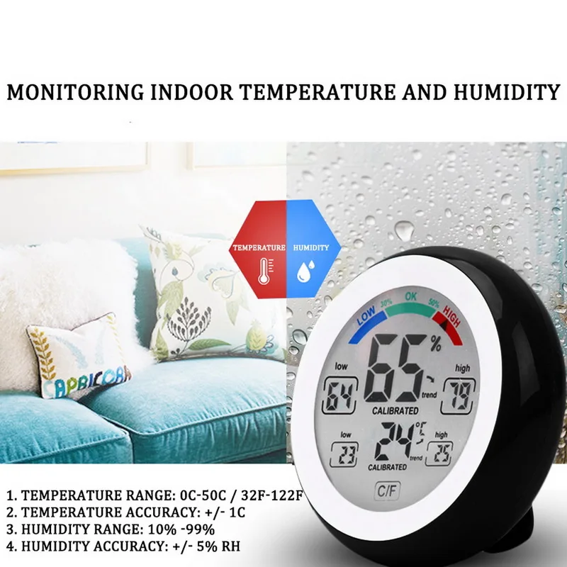 Digital LCD Display Indoor Thermometer Hygrometer Round Wireless Electronic Temperature Humidity Meter Weather Station Tester