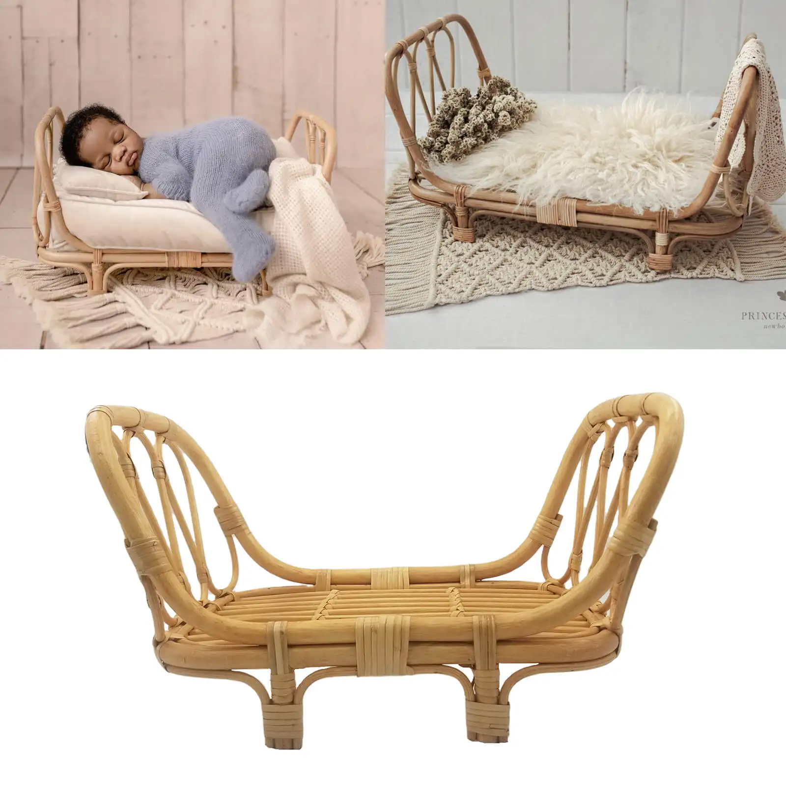 Handmade Retro Woven Rattan Bed Mattress Portable Props Newborn Photography Accessories for Photo Studio Baby Shoot Posing Props