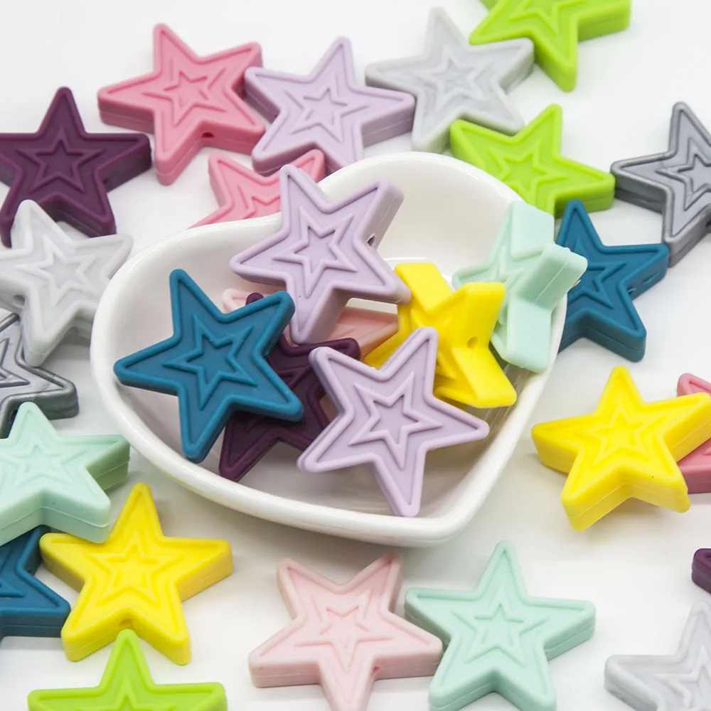 Cute-idea 10pcs Pentagram Food Grade BPA Free Silicone Star Teether Loose Beads DIY  Baby Teething Necklace Bracelet kids toys