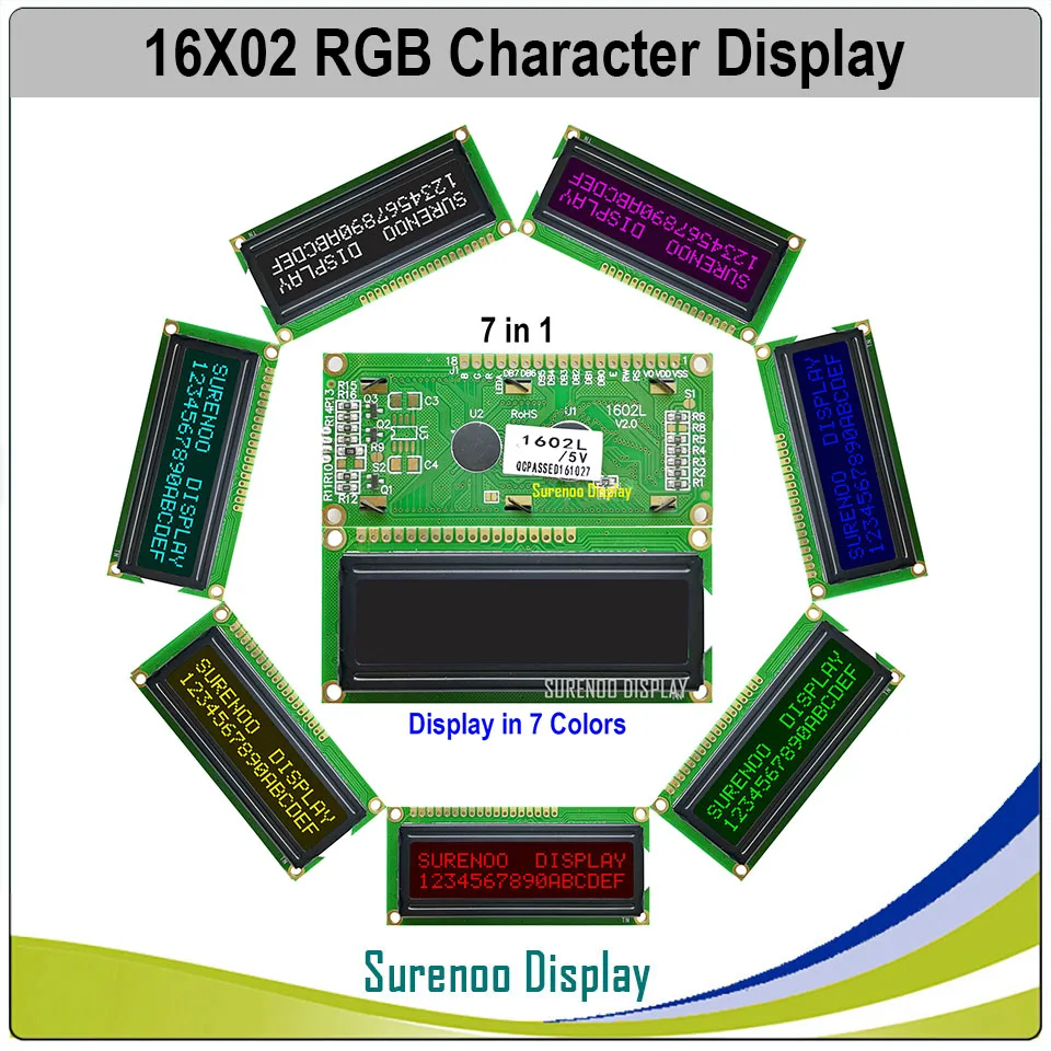 Surenoo 162 16X2 1602 5.0V Character LCD Module Display Screen LCM FSTN Positive Negative 7 RGB Colors Backlight