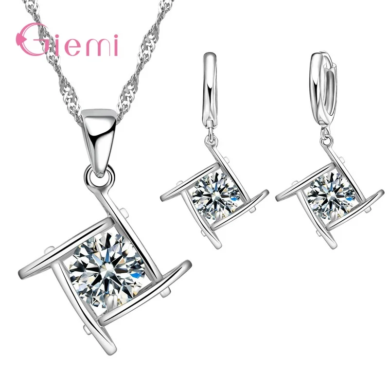 New 925 Sterling Silver Trendy Crystal Pendant Necklace Earrings Jewelry Set For Women Anniversary Gift Fashion Jewelry