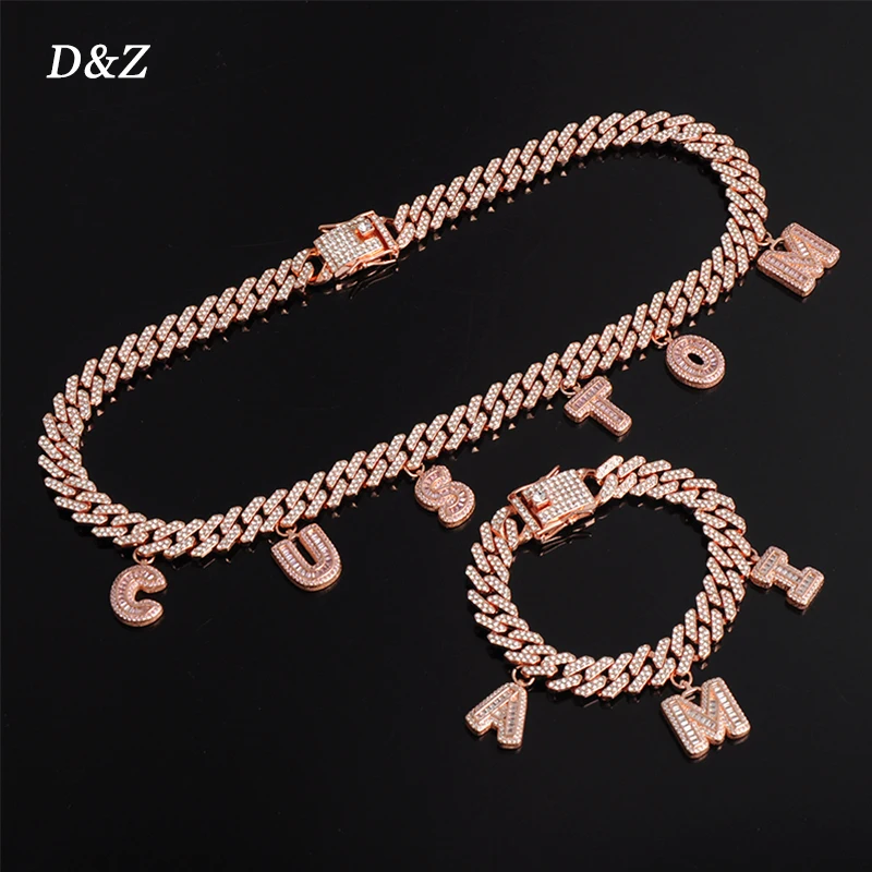 

D&Z 12MM Full Iced Out Paved Rhinestones Miami Prong Cuban Chain For Men Women Bling Necklaces Bracelet For Men Hip Hop Jewelry