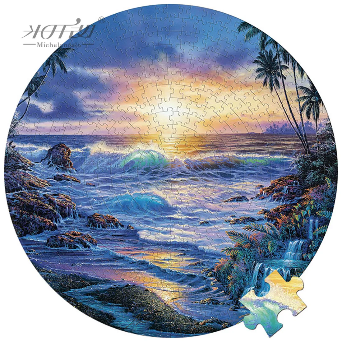 

Michelangelo Round Wooden Jigsaw Puzzles 500 Pieces Seaside Landscape Beach Scenery Educational Toy Collectibles Paintings Decor