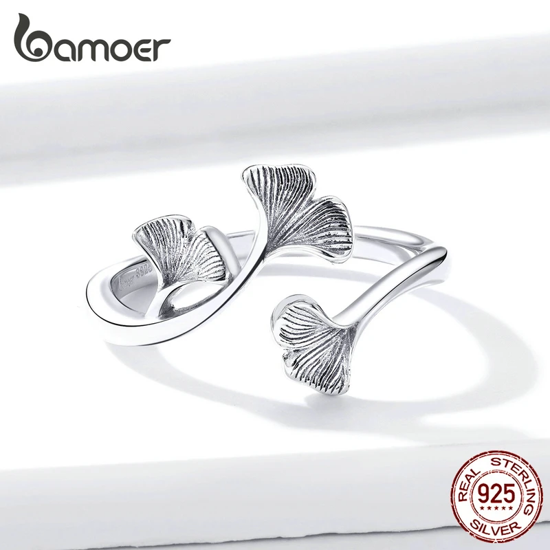 bamoer Silver 925 Design Ginkgo Leaf Finger Rings for Women Vintage Bijoux 925 Sterling Silver Trendy Wedding Jewelry BSR097 3
