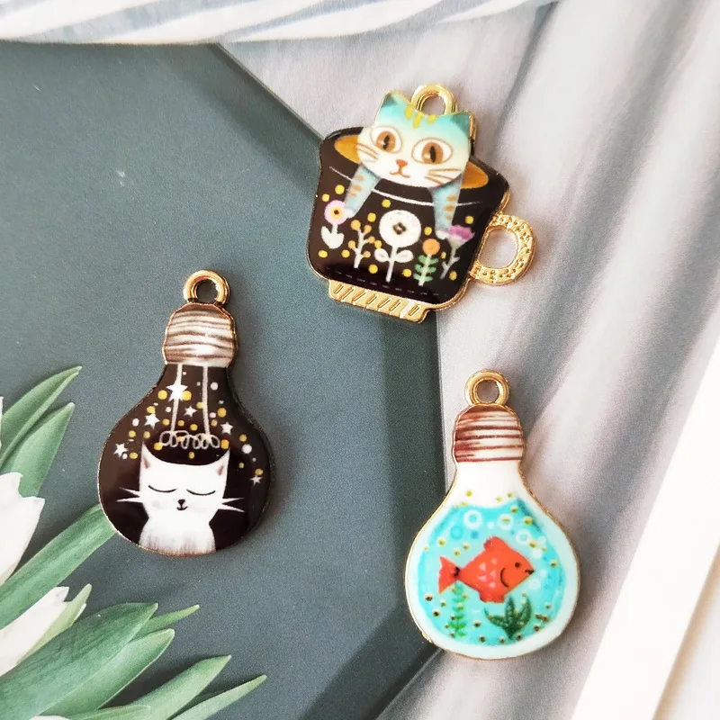 10pcs/pack Light Bulb Cat Cup  Enamel Charms Jewelry Earring Bracelets DIY Pendant Jewelry Making Golden color image 6