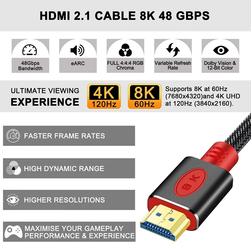 Kabel HDMI-com 8K@60Hz 4K@120Hz Ultra ARC HDR High-Speed 48Gbps HDCP2.2 do przełącznika rozdzielacza PS4 TV Xbox Projektor Komputer 2m 3m