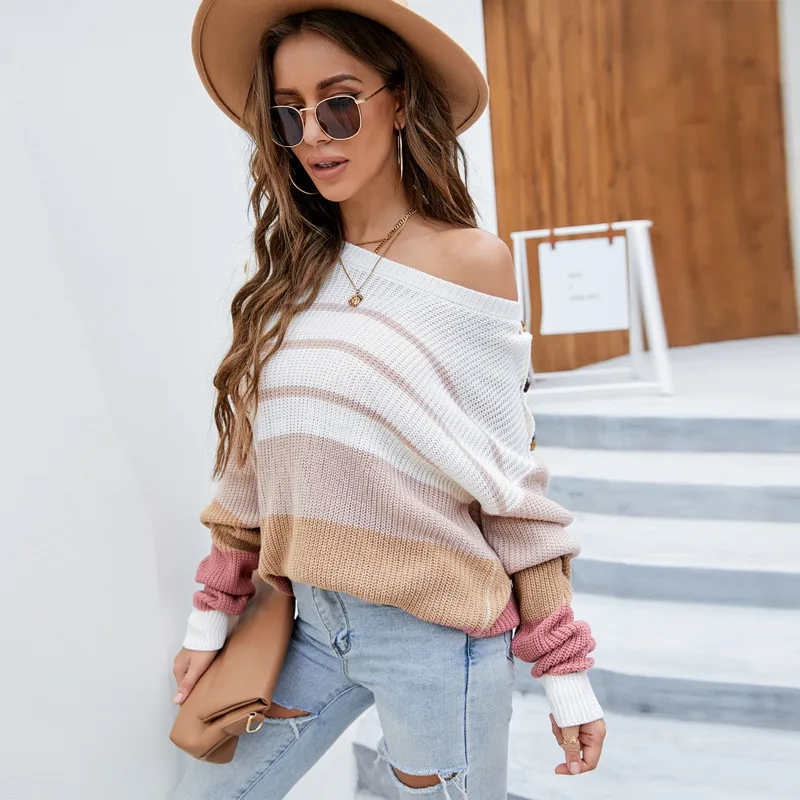 New Loose Knitted Sweater Women Jumpers Long Sleeve Women Pullovers Sweaters Casual Autumn Winter Color Block Striped Sweater