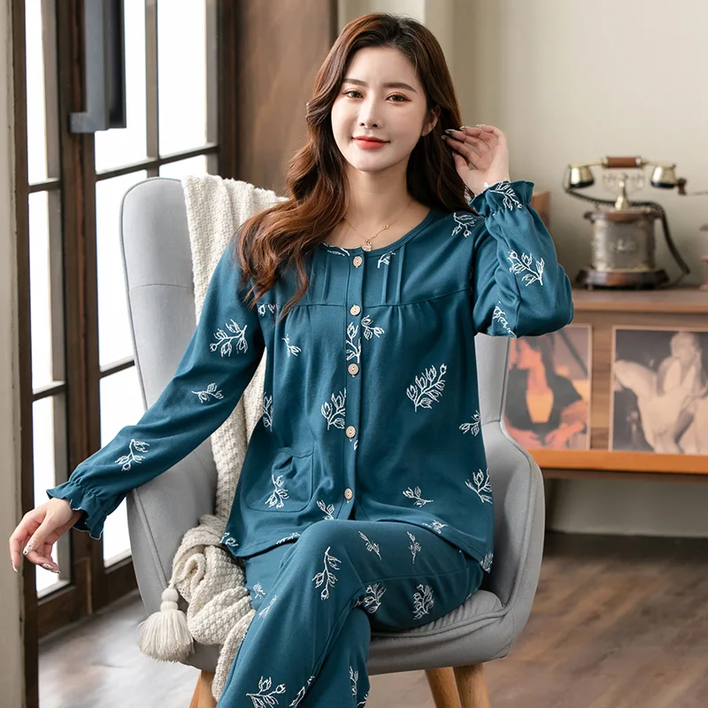 Big Yards XXXXL Elegant Floral Female Long Sleeve Pajamas Spring Autumn Cotton O-Neck Cardigan Fashion Lady Home Furnishing Suit