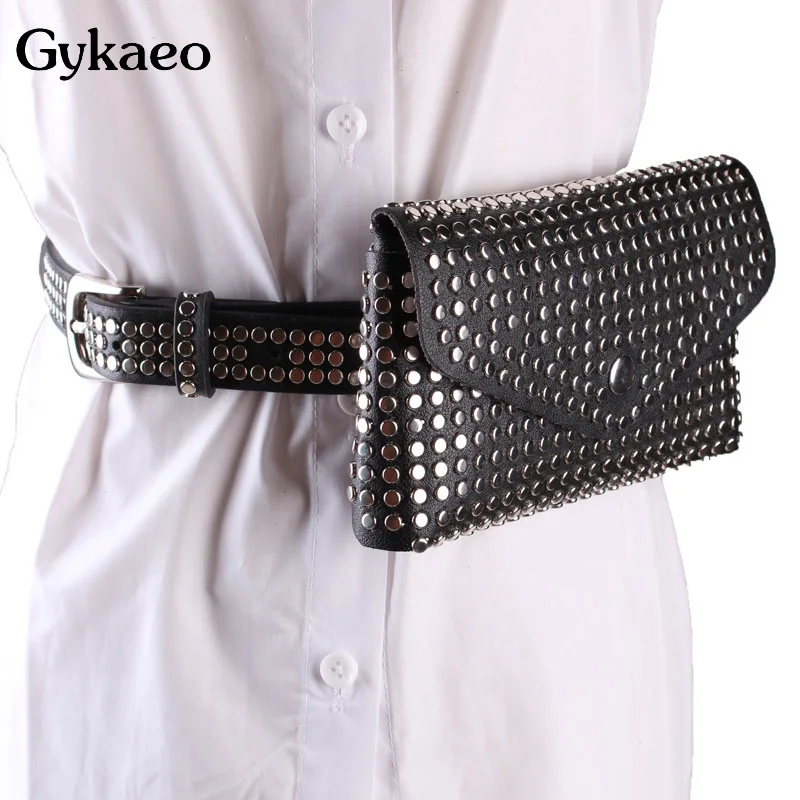 New 2024 Casual Punk Style Rivet Black Fanny Pack Waist Bag Antitheft Women Walking Shopping Band Belt Multi-function Clutch Bag