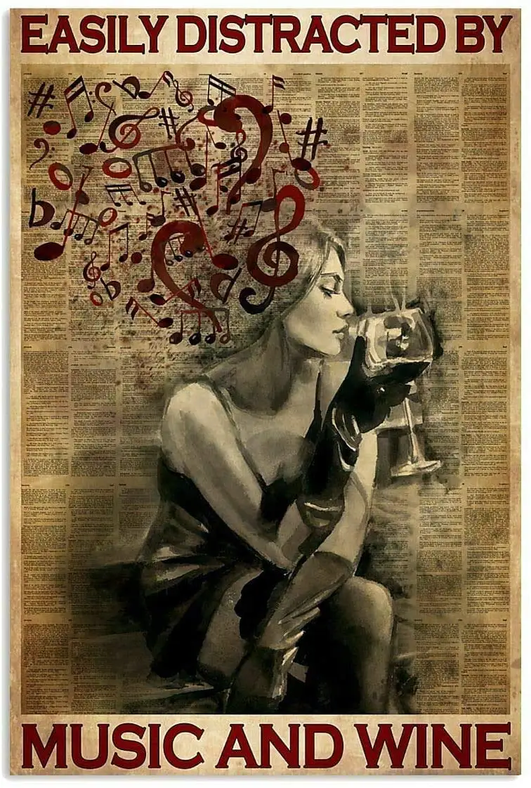

Distracted by Music and Wine Cat Poster Metal Iron Painting Home Family Lovers Gift Funny Metal Signs Cafe Store Bedroom Bathro