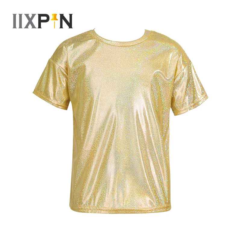 

Kids Girls And Boys Metallic Shiny T-shirt Sparkly Jazz Dance Tops Hip Hop Dance Clothing Carnival Party Performance Costume