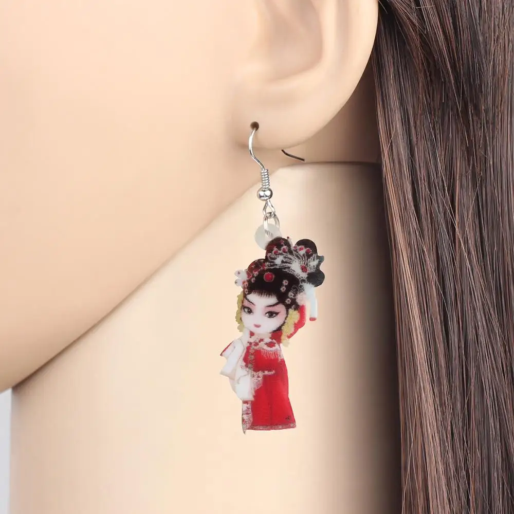 Bonsny Acrylic Chinese Beijing Opera Pattern Earrings Print Long Cute Dangle Drop For Women Girl Kid Charm Festival Gift Jewelry