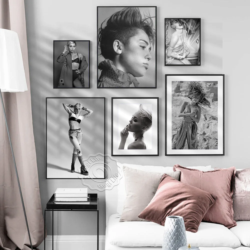 America Singer Actor Miley Cyrus Sexy Art Poster, Cyrus Black And White Vintage Art Portrait Art Prints, Home Decor Wall Picture