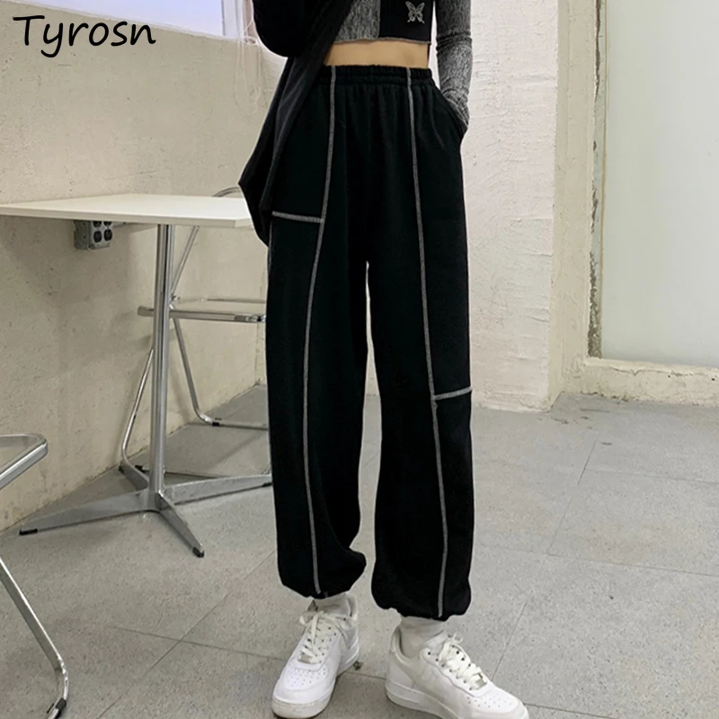 Casual Pants Women Tie Feet Running Tooling Trousers High Waist Loose Korean Style Chic Bright Line Decoration Harem Pant Teens