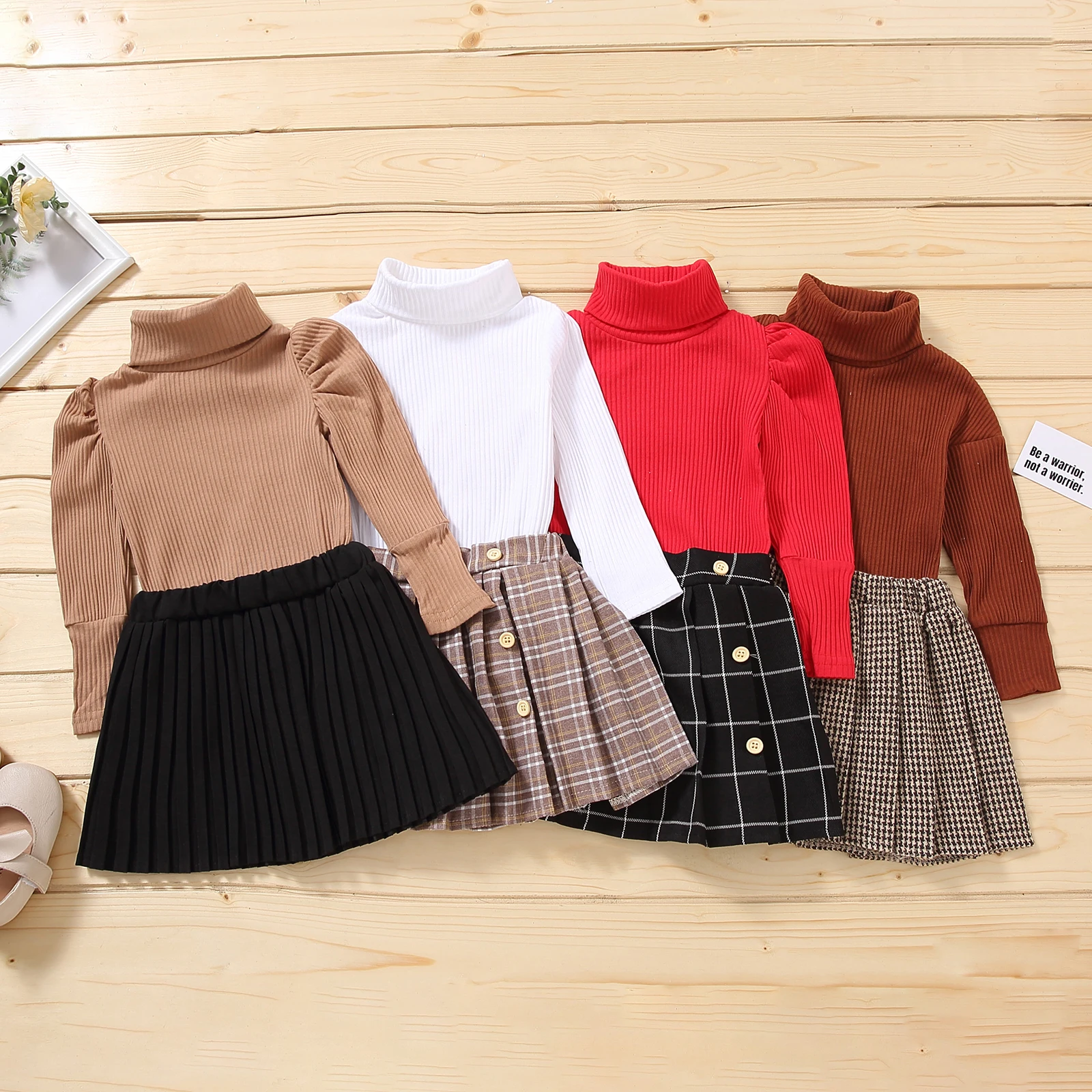 Lioraitiin 0-6Years Toddler Baby Girls Casual 2Pcs Clothes Set Solid Turtleneck Knitwear Pleated Skirt Khaki/ White/ Red/ Brown