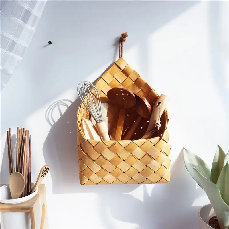 Hanging Natural Wicker Flower Pot Handmade Bamboo Storage Basket Home Garden Wall Decoration Storage Container Organizer