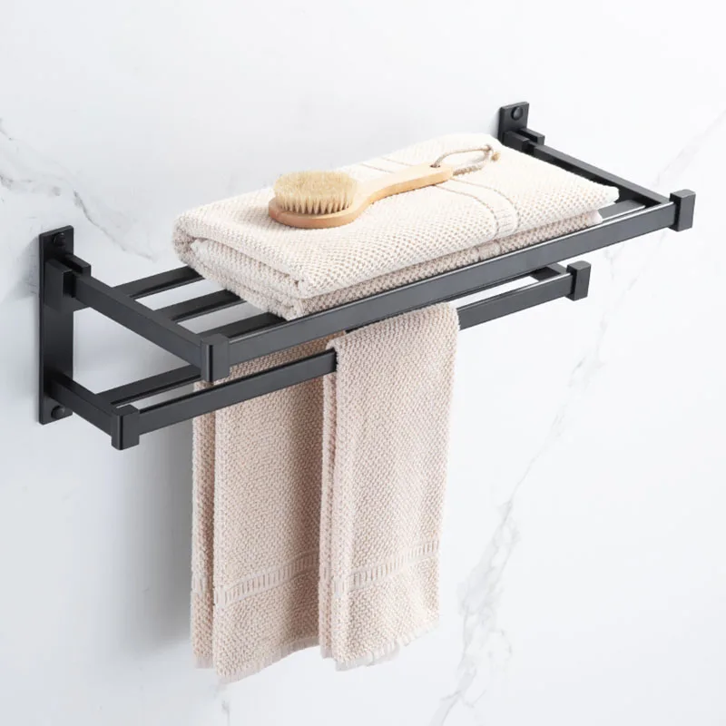 

Space Aluminum Bathroom Black Towel Rack Foldable Fixed Bath Towel Holder Wall Mount Bathroom Storage Racks Towel Holders