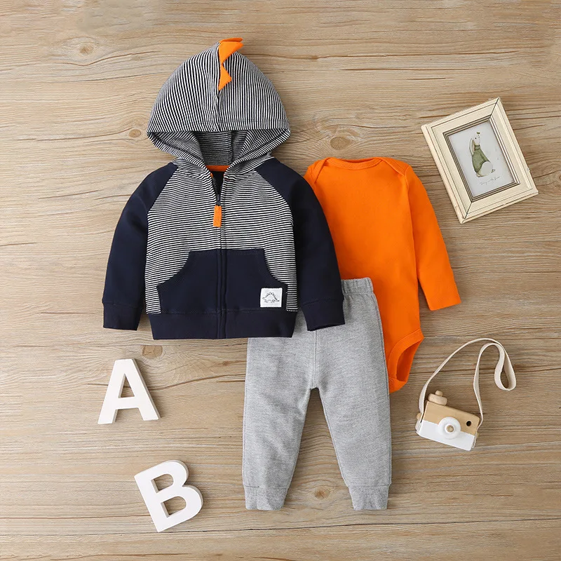 New In Spring Autumn Newborn Boy Clothes Casual Stripe Hooded Cotton Infant Coat+Bodysuit+Pants Baby Boutique Clothing BC1934