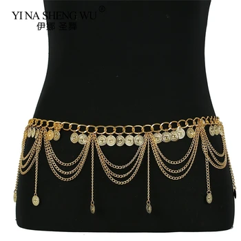 ヴィンテージジプシーメタルブラブラウエストベルトチェーン彫刻コインペンダントロングタッセルハーネスベリーチェーン女性ボディアクセサリージュエリー