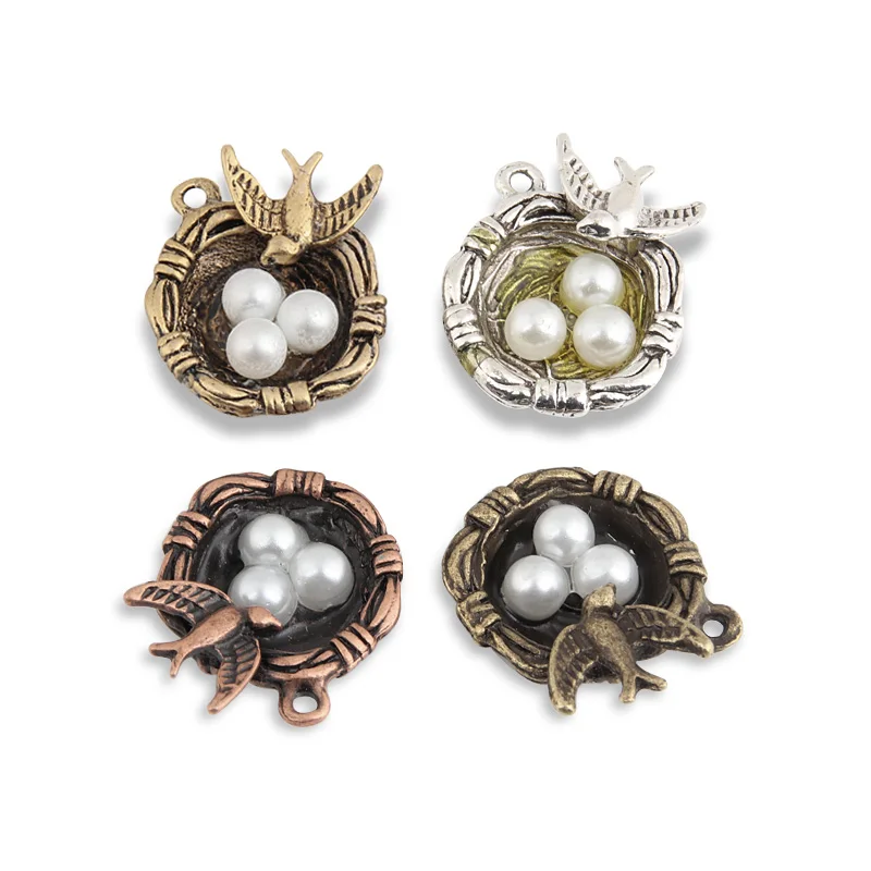 8pcs 4 Colors  Cute Bird Nest Charms with Bird and Three Eggs Metal Bracelet Necklace Jewelry Findings A446/745/744/408