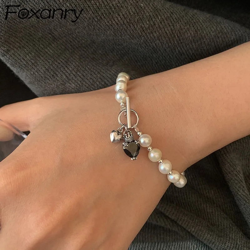 Foxanry Silver Color Pearls Bracelets for Women Fashion Vintage Elegant Simple Black Stone Sweet LOVE Heart Party Jewelry