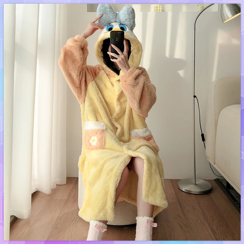 

Cartoon Nightgowns Women Winter Thick Coral Velvet Kawaii Duck Pocket Girls Homewear Korean Fashion Femme Sleepshirts Nightdress