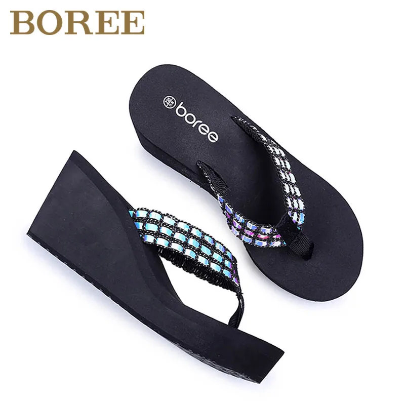 BOREE Woman Slippers 2022 Summer Hollow Out Breathable Beach Slipper Flip Flops EVA Blingbling Wedges Platform Slides Sandals