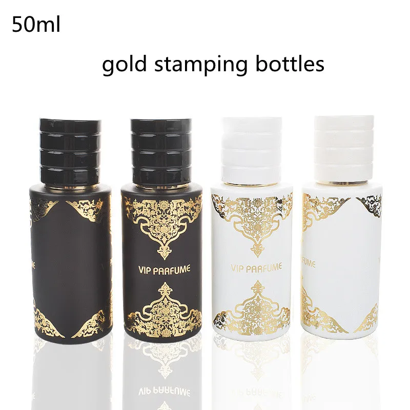 

Wholesale 50ml New Perfum Bottles High Grade Glass Spray Fine Mist Hydrates Gold Stamping Empty Bottles Skincare Package Bottles