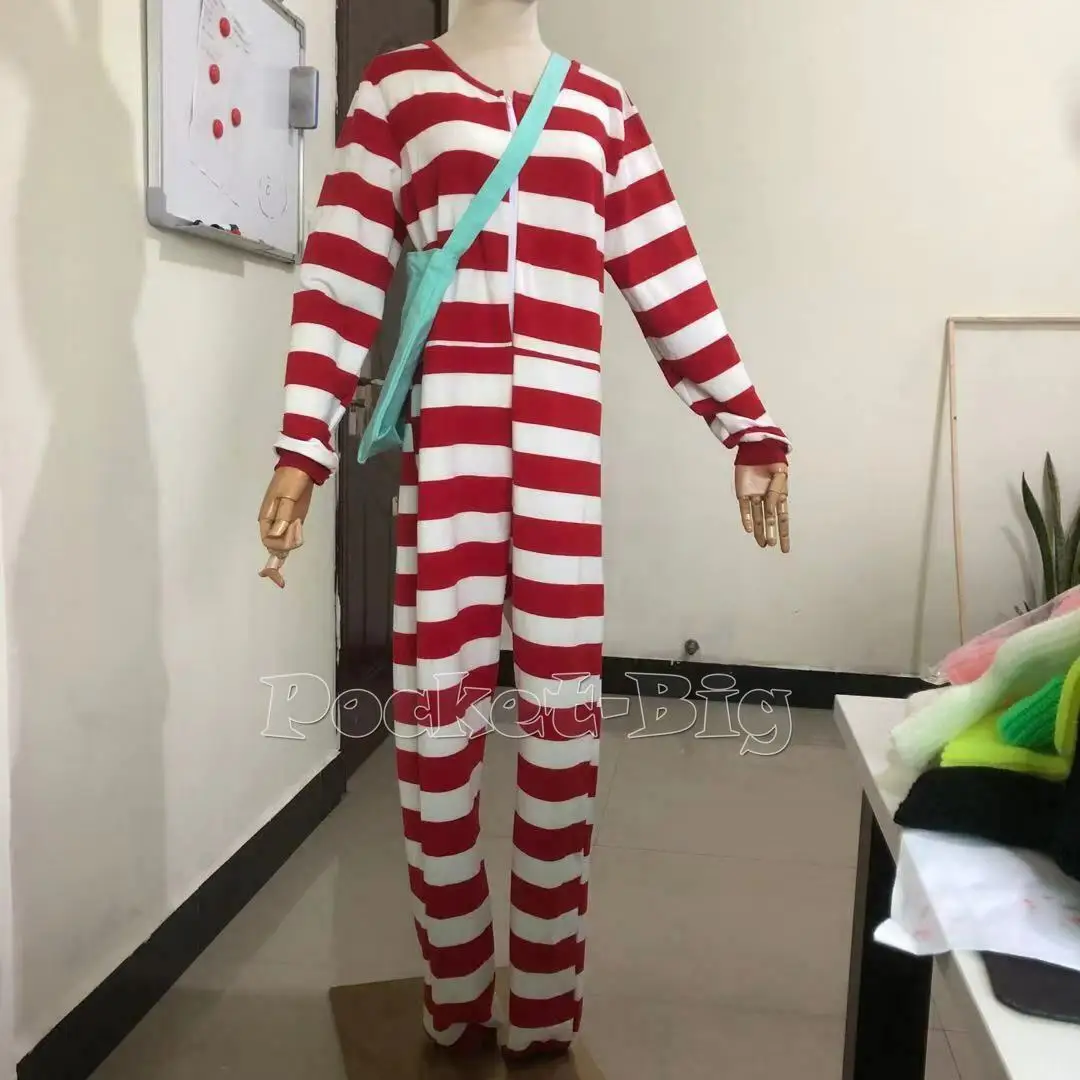 Popee The Performer Cosplay Costume with Bag White and Red Striped Pajamas Jumpsuit Plush Bunny Ear with Tail Christmas Night