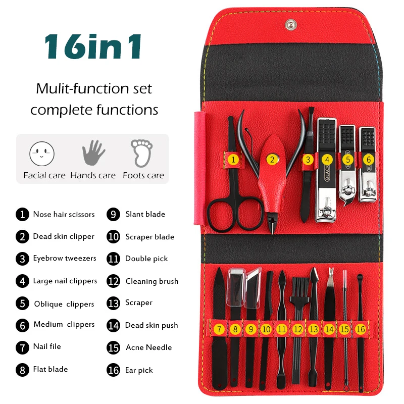 16in1 Manicure Set Kleur Contrast Sets Nagelknipper Cutter Gereedschap Kits Rvs Pedicure Travel Case Voor Man Vrouw